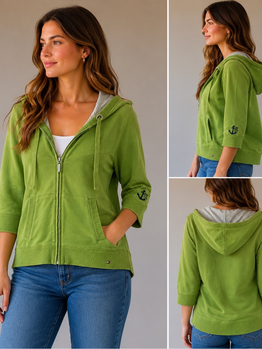 Tommy Hilfiger Green Zip Up Hoodie 3/4 Sleeve L Nautical Anchor Hooded Jacket